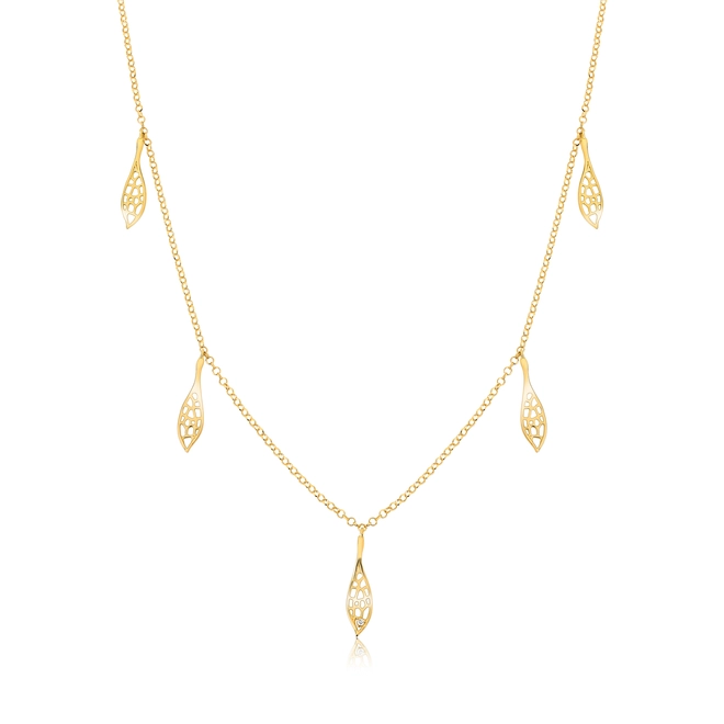 Gargantilha Rosée corrente ouro 18k 5 pingentes folhas tramas orgânicas com Diamante 1