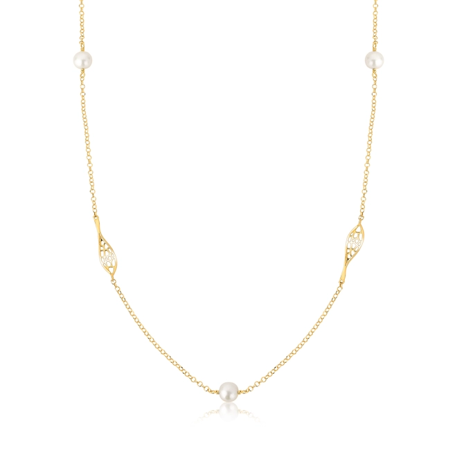 Gargantilha Rosée corrente folhas ouro 18k tramas orgânicas com Diamante e Pérolas 1