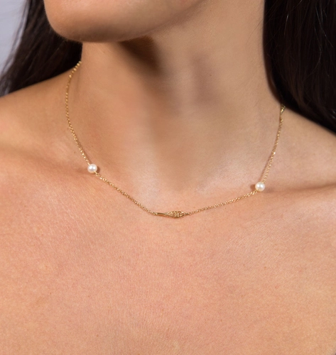 Gargantilha Rosée corrente folhas ouro 18k tramas orgânicas com Diamante e Pérolas