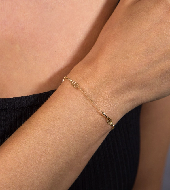 Pulseira Rosée corrente de elos ouro 18k com 3 folhas tramas orgânicas e Diamante 5
