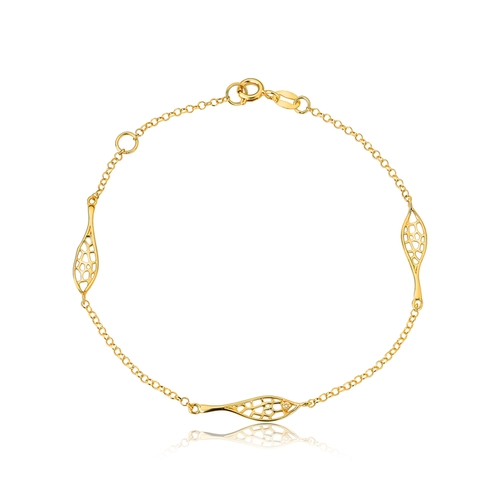 Pulseira Rosée corrente de elos ouro 18k com 3 folhas tramas orgânicas e Diamante