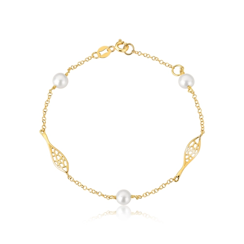 Pulseira Rosée corrente de elos ouro 18k folhas vazadas e Pérolas