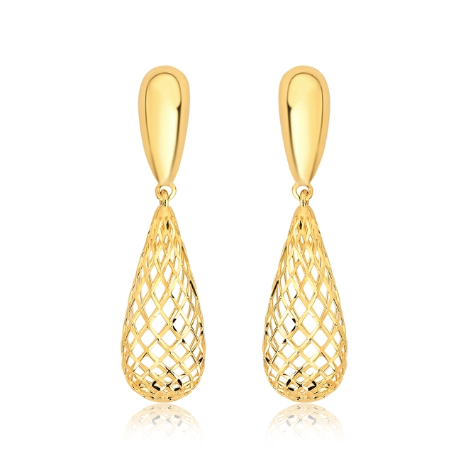 Brinco pingente gotas ouro 18k lisa e telada 1