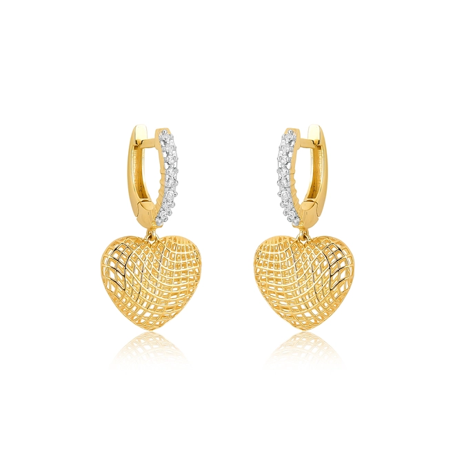 Brinco Too Love argola com Diamantes ouro 18k pingente coração rendado 1