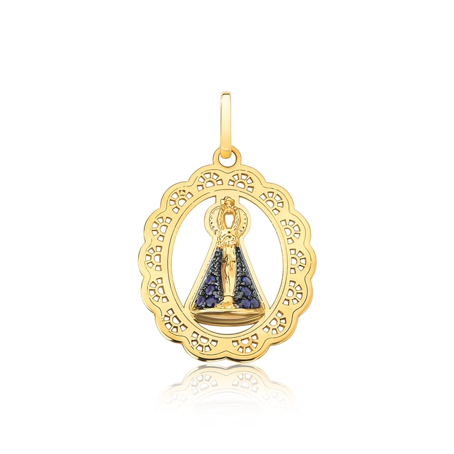 Pingente medalha N.S. Aparecida ouro 18k com Zircônias azuis 1