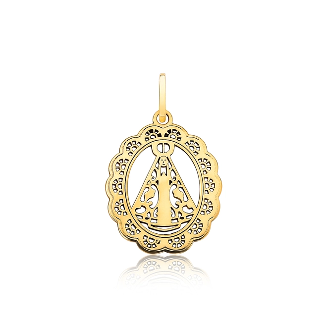 Pingente medalha N.S. Aparecida ouro 18k rendada vazada 1