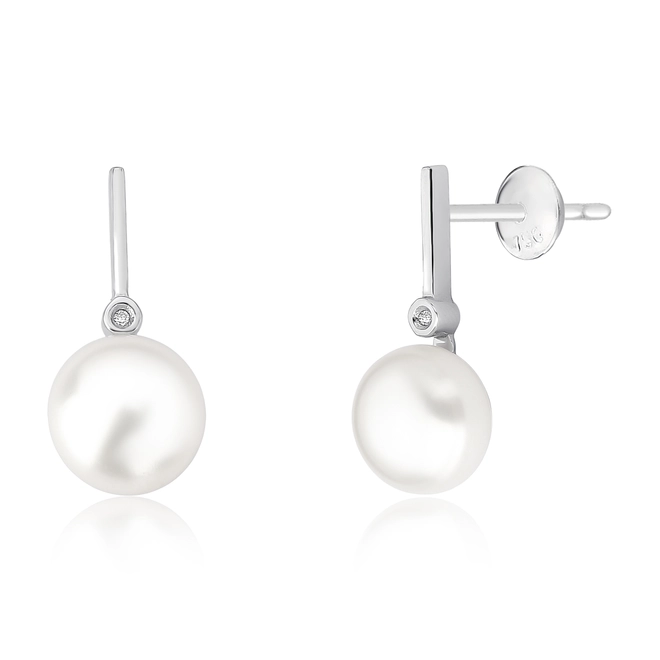 Brinco palito ouro branco 18k com Pérola botão e Diamante 1