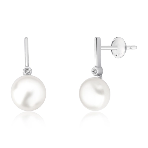 Brinco palito ouro branco 18k com Pérola botão e Diamante