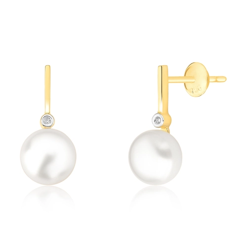 Brinco pingente palito ouro 18k com Pérola botão e Diamante