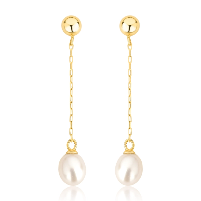 Brinco pingente meia bola ouro 18k corrente com gota Pérola de Arroz 1