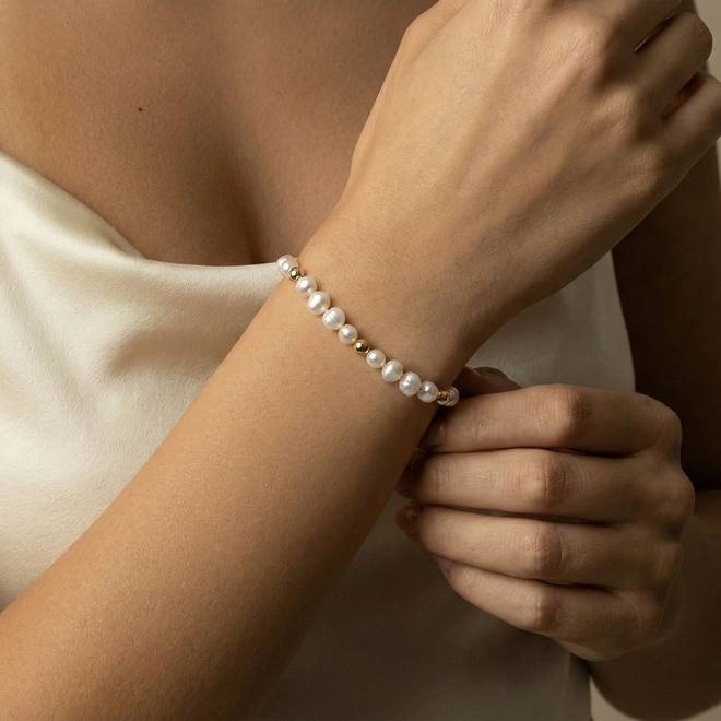 Pulseira de Pérola Batata ouro 18k intercaladas com bolinhas polidas 2