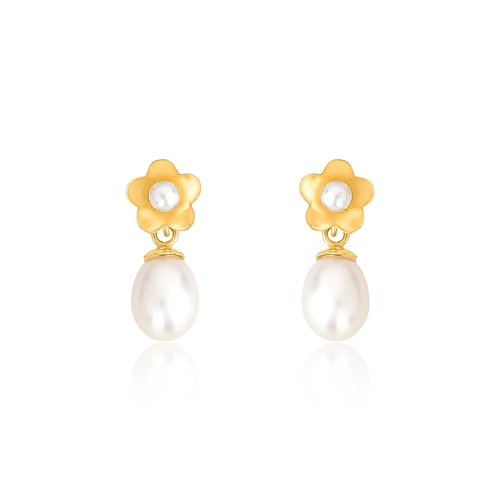 Brinco pingente flor ouro 18k gota de Pérola