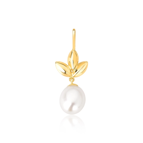 Pingente ramo folhas polidas em ouro 18k com gota de Pérola de Arroz