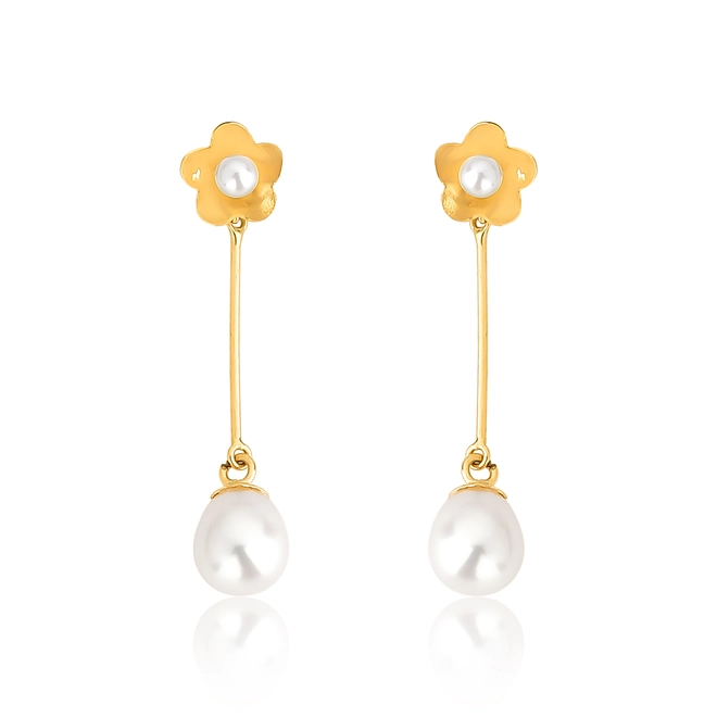 Brinco pingente flor e palito ouro 18k com gota de Pérola 1