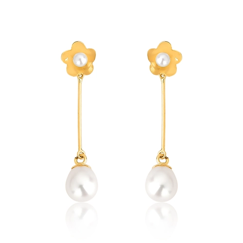 Brinco pingente flor e palito ouro 18k com gota de Pérola