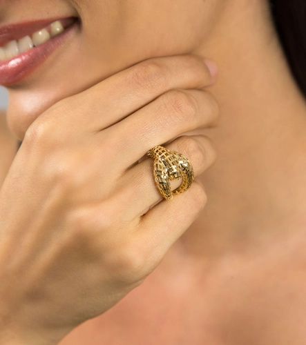 Anel aros entrelaçados telados ouro 18k acabamento diamantado