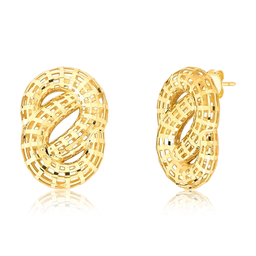 Brinco gomos telados diamantados ouro 18k curvas entrelaçadas