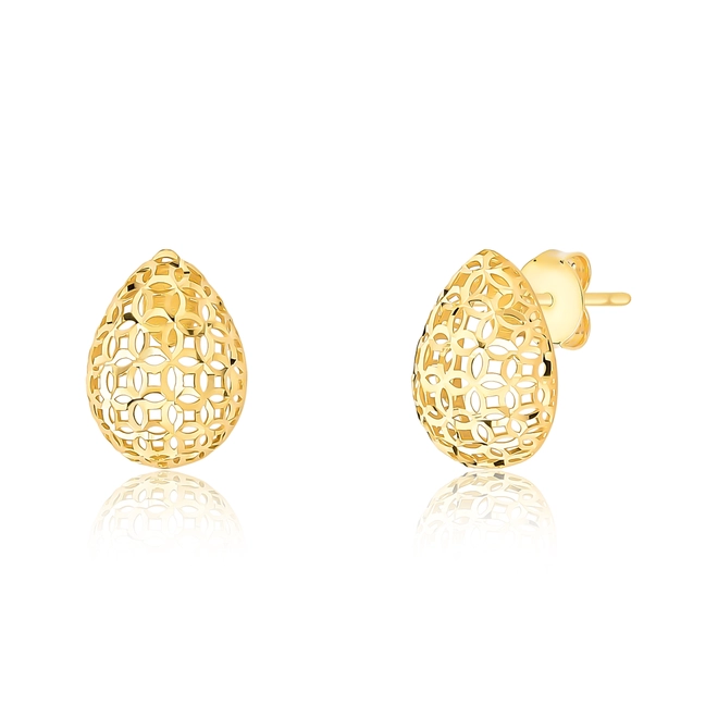 Brinco Stud gota renda filigrana ouro 18k acabamento diamantado 1