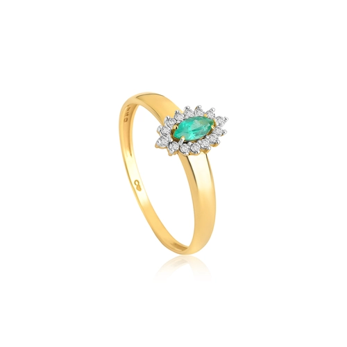 Anel Laurel navete de Esmeralda ouro 18k com 8,4pts de Diamantes