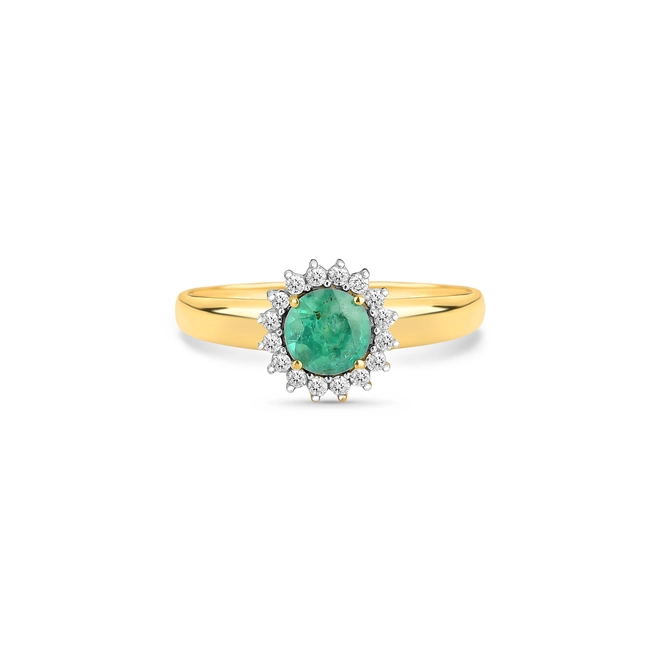 Anel Laurel gema redonda de Esmeralda ouro 18k com 9,6pts de Diamantes 3