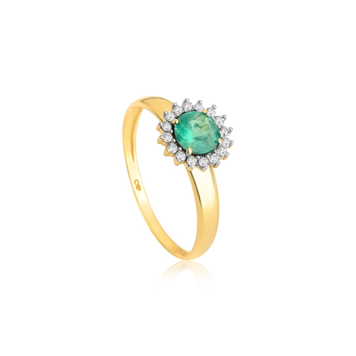 Anel Laurel gema redonda de Esmeralda ouro 18k com 9,6pts de Diamantes