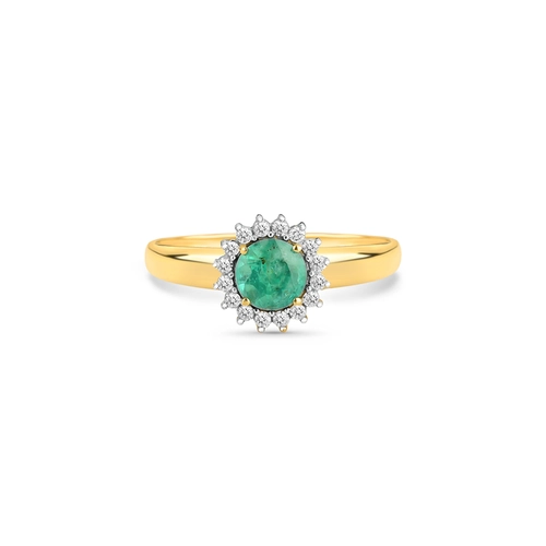 Anel Laurel gema redonda de Esmeralda ouro 18k com 9,6pts de Diamantes