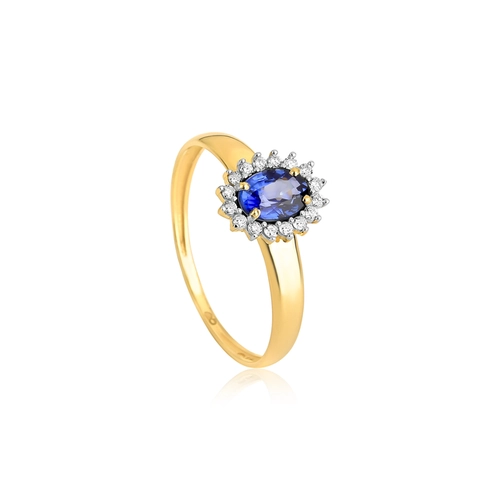 Anel Laurel gema oval de Safira azul ouro 18k com 9,6pts de Diamantes