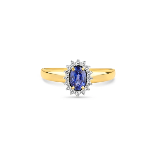 Anel Laurel gema oval de Safira azul ouro 18k com 9,6pts de Diamantes