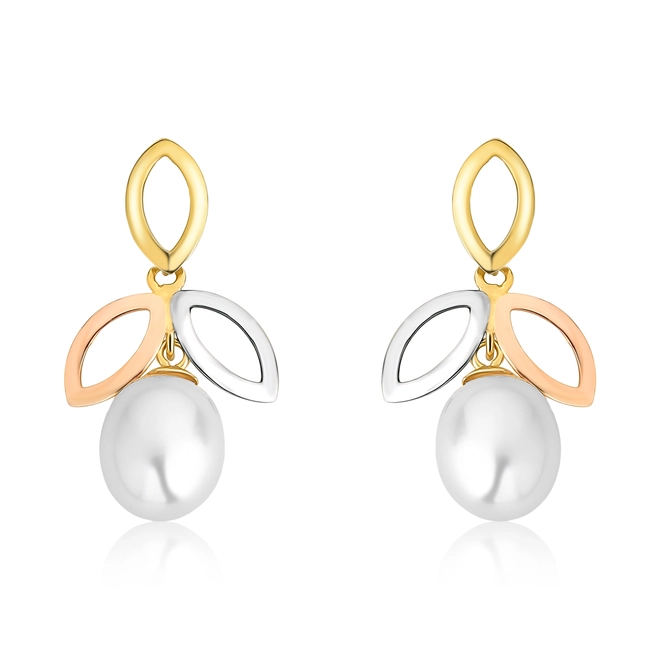 Brinco ramo folhas em ouro branco rosé e amarelo 18k com gota de Pérola de Arroz 1