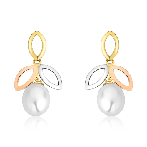 Brinco ramo folhas em ouro branco rosé e amarelo 18k com gota de Pérola de Arroz