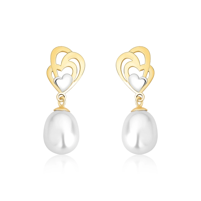 Brinco corações vazados ouro branco e amarelo 18k pingente gota de Pérola de Arroz 1