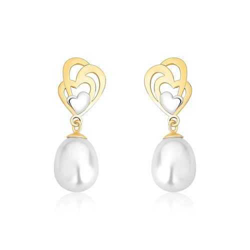 Brinco corações vazados ouro branco e amarelo 18k pingente gota de Pérola de Arroz