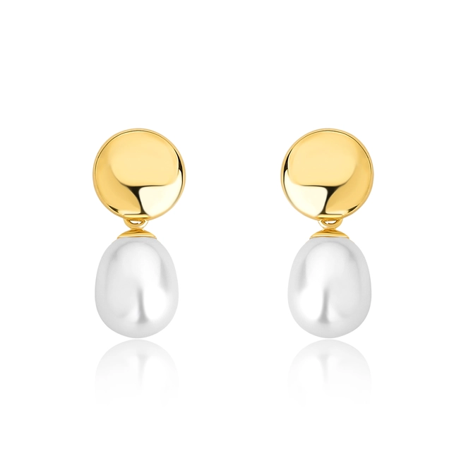 Brinco círculo redondo polido ouro 18k com gota de Pérola de Arroz 1