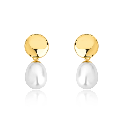 Brinco círculo redondo polido ouro 18k com gota de Pérola de Arroz
