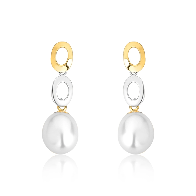 Brinco pingente círculos vazados ouro amarelo e branco 18k gota de Pérola de Arroz 1