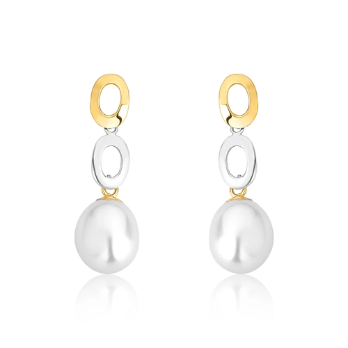Brinco pingente círculos vazados ouro amarelo e branco 18k gota de Pérola de Arroz