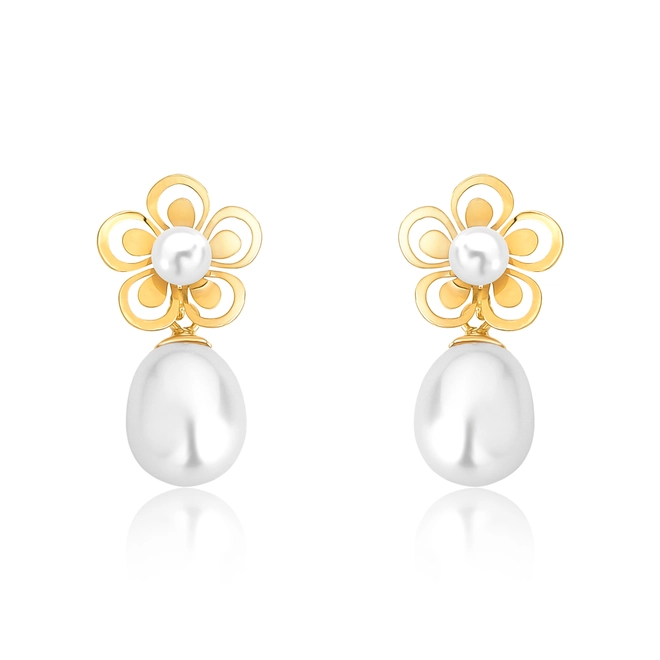 Brinco flor com Pérola botão ouro 18k pingente gota de Pérola de Arroz 1