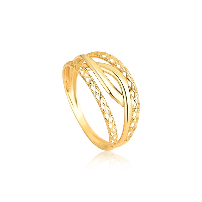 Anel três aros dois telados ouro 18k e um fio tubular cruzado 1