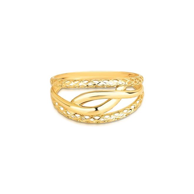 Anel três aros dois telados ouro 18k e um fio tubular cruzado 3