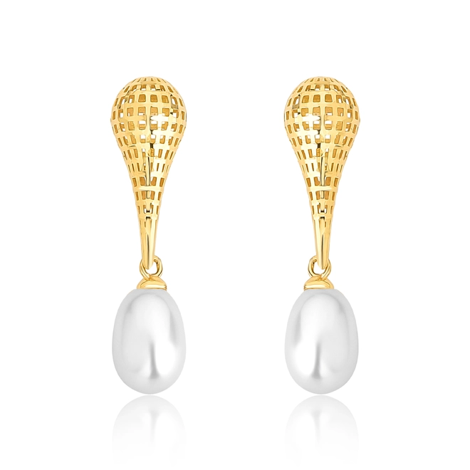 Brinco pingente gota telada diamantada ouro 18k com gota Pérola de Arroz 1
