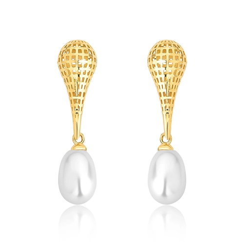 Brinco pingente gota telada diamantada ouro 18k com gota Pérola de Arroz