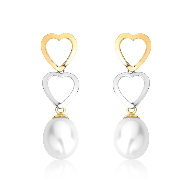 Brinco pingente corações vazados ouro branco e amarelo 18k gota de Pérola de Arroz 1