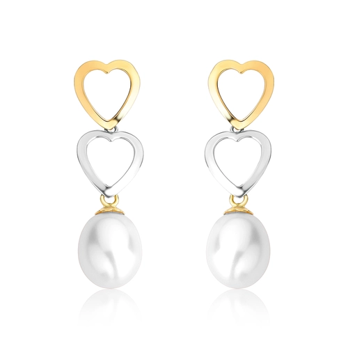 Brinco pingente corações vazados ouro branco e amarelo 18k gota de Pérola de Arroz