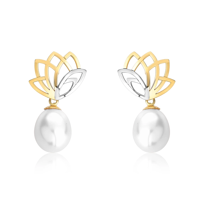 Brinco pingente flor ouro amarelo e branco 18k com gota de Pérola de Arroz 1