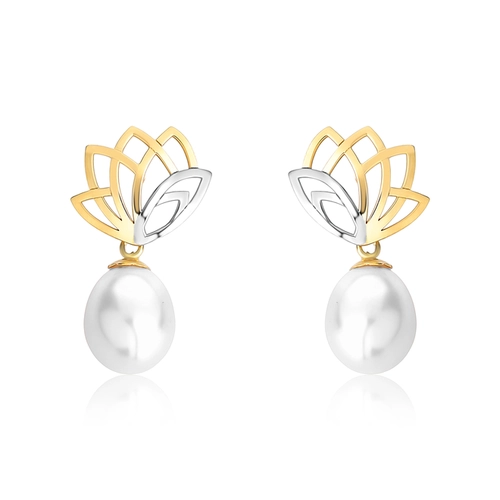 Brinco pingente flor ouro amarelo e branco 18k com gota de Pérola de Arroz