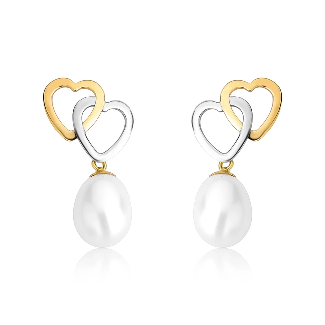 Brinco corações vazados interligados ouro amarelo e branco 18k com gota de Pérola de Arroz 1