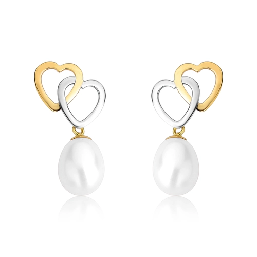 Brinco corações vazados interligados ouro amarelo e branco 18k com gota de Pérola de Arroz