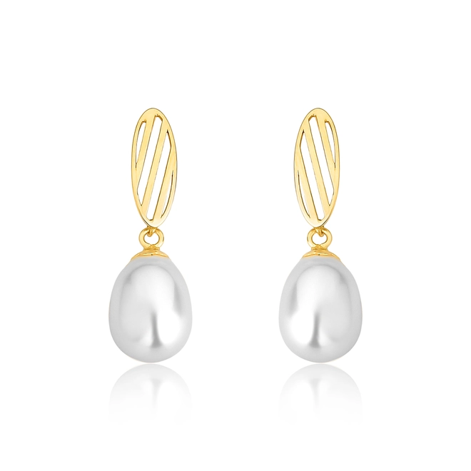 Brinco pingente oval telado ouro 18k com gota de Pérola de Arroz 1