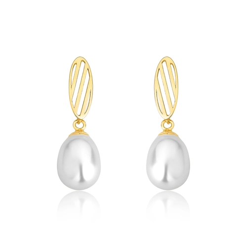 Brinco pingente oval telado ouro 18k com gota de Pérola de Arroz