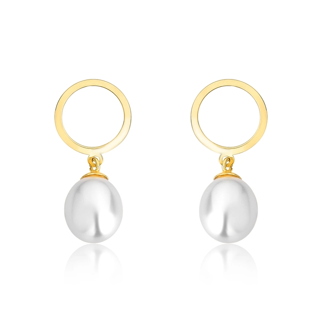 Brinco pingente círculo vazado ouro 18k com gota Pérola de Arroz 1